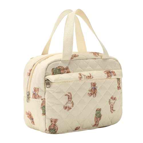 Large Size Quilted Coquette Makeup Bag, Cute Preppy Floral Cotton Travel Cosmetic Organizer Bag with Top Handle, Multi-Layer Travel Toiletry Pouch for Girls (04Bear)