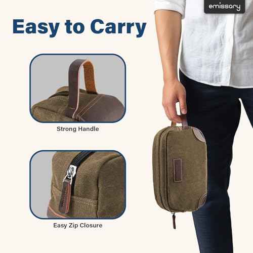 Emissary Men's Leather and Canvas Travel Toiletry Bag, Dopp Kit, Travel Bathroom Bag, Shaving Kit, Small Bags for Travel Accessories (Brown)