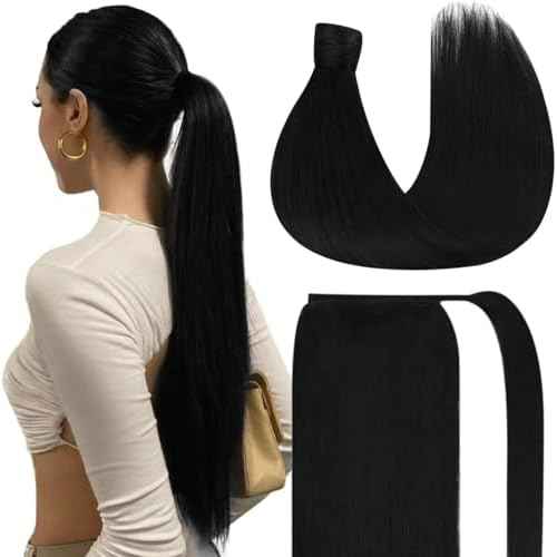Ve Sunny Ponytail Extension Real Human Hair for Women Clip in Ponytail Hair Extension Straight Hair Pieces Wrap Around Jet Black 22inch 80G