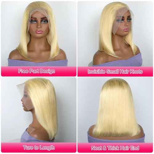 Honey Blonde Bob Wig Human Hair Full 13x6 HD Lace Frontal Glueless Wigs Pre Cut Pre Plucked 100% Unprocessed Brazilian Virgin Human Hair Wigs for Black Women - 180% Density 12 Inch 613 Bob Wig