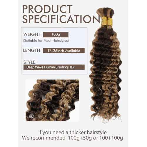 P4/27 Ombre Brown Blonde Human Braiding Hair for Boho Braids 2 Bundles 24 Inch 100g Deep Wave Braiding Hair for Bohemian Knotless Braids 100% Unprocessed Virgin Bulk Hair Extensions No Weft