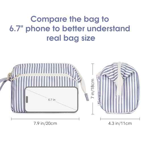 Narwey Striped Wide Open Makeup Bag Women, Travel Toiletry Bag for Women Cosmetic Bag Organizer Make up Bags with Compartments, Gift for Teen Girls (Greyish Blue Stripe)