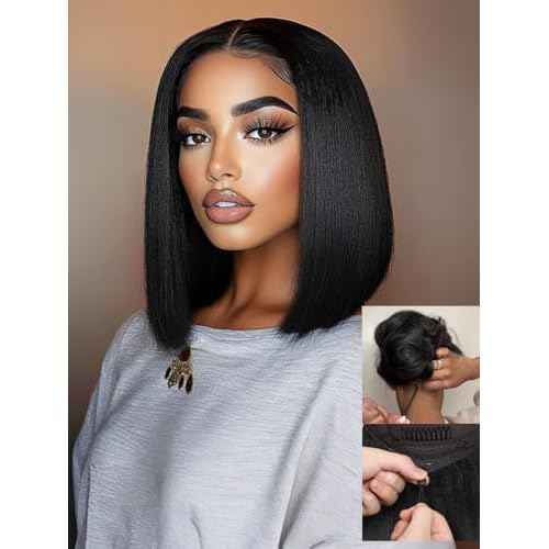 Nadula Bye Bye Knots Glueless Straight Bob Drawstring Wig Human Hair Pre Plucked, Pre Cut 7x5 HD Lace Front Wigs Invisible Bleached Knots Ready to Wear Pre Everything Short Bob Wig 150% Density 12inch