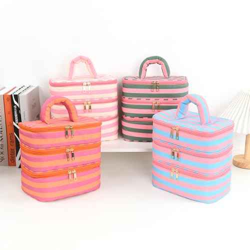 Three Layer Makeup Bag for Women Fashion Stripes Cosmetic Bag Preppy Style Travel Water-Resistant Toiletry Bag for Storage Toiletries Cosmetics Sets for Women Teen Girls Purple