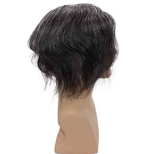 Mens Wigs Toupee for Men European Virgin Human Hair Weave Unit for Man Toupee Mono Lace Top Skin PU Men Hair Replacement System Mens Hairpiece (1B Mixed 30% Grey White Hair)