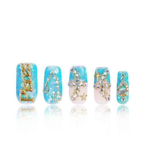 LOVFUL Press on Nails Pisces Blue French Tip| Handmade with Full Covered Crystals | Reusable Fake Nails | Square Regular 1.0 in | H157L