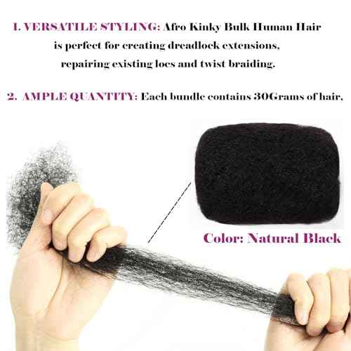 Afro Kinky Bulk Human Hair For Dreadlock Extensions Repair Locs,Twist Braiding, 100% Human Braiding Hair £¬30Grams each bundles Total (10Inch #1B 8bundles)