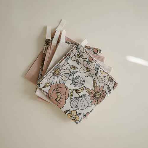 mushie Muslin Organic Cotton Washcloths 5-Pack (Retro Flowers Combo) | Soft Wipes for Baby Cleanups and Bathing