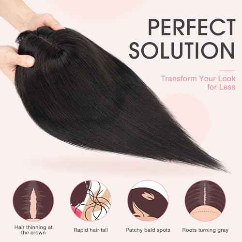 TESS Real Hair Toppers for Women Handmade Lace Base Womens Clip In Hairpieces with Bangs 5 Clips Natural Coverage Soft and Secure 2¡¿6", Nature Black