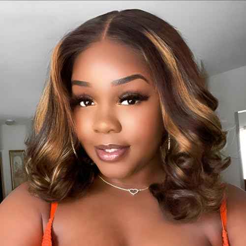 RECOOL Highlight Bob Wig Human Hair Glueless Wigs Plucked Pre Cut 180% Loose Body 6x5 Lace Front Short Bob Wig Human Hair for Black Women-Highlight 1B/2/30 Mixed Color Wigs,14inch