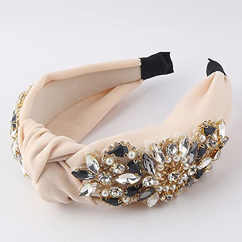 Yusier Knotted Headbands for Women Rhinestone Crystal Headband Handmade Jewelry Hair Accessories Fashion Wide Hairband (Beige)