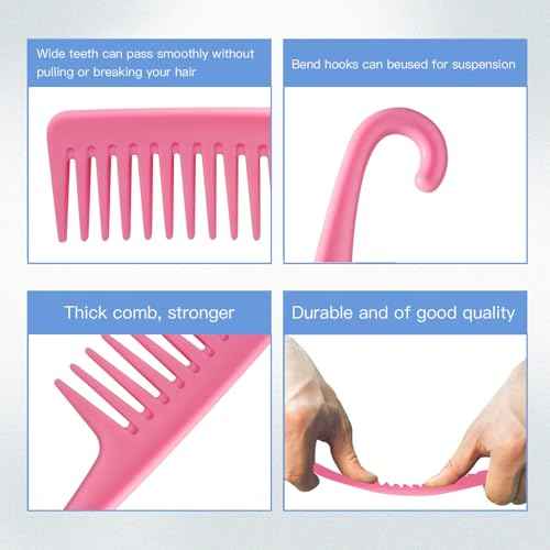 Wapodeai Wide Tooth Comb Shower Comb With Hook, Good for Curly Hair Wet Dry, Premium Tangle Free Combs Pink.