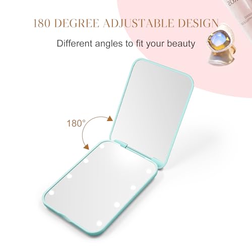 Compact Mirror, 1X/3X Magnification LED Pocket Mirror with Nternal BIattery, Mini Mirror for Purse, Pocket,Travel and Present (Mint Green)