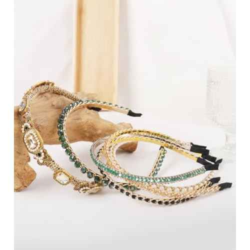 YARN & INK 7 Pcs Women's Champagne Gold Rhinestones Headbands for Women Girls, 80s Pearsl Headband Party Headwear Vintage Bling Christmas Gift (Mix Hairbands)