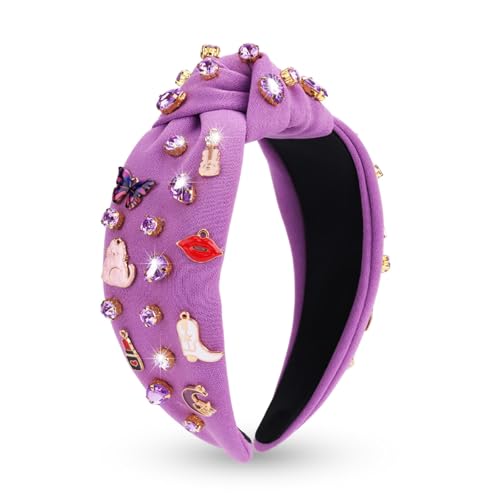 Music Headbands for Women, Singer Fans Gift Guitar Red Lip Rhinestone Wide Jeweled Knotted Headband, Crystal Beaded Jeweled Knot Embellished Headband Hair Accessories Concert Birthday Gift - Purple