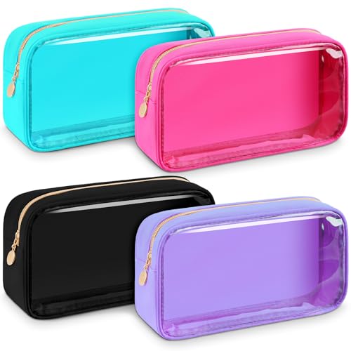 Hushee 4 Pcs Clear Nylon Makeup Bag for Women Gifts Preppy Cosmetic Bag PVC Travel Toiletry Zipper Pouch Waterproof Storage Organizer Pouch for Women(Small)
