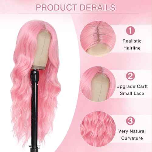 Long Pink Wavy Wig Middle Part for Women 26 Inch Light Pink Curly Wavy Wigs Natural Looking Synthetic Heat Resistant Fiber Wig for Daily Party Use