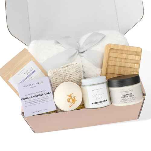 Natural Amor 8-Piece Spa Gift Set with Blanket ? Self-Care Box with Lavender Body Butter, Soap, Candle ? Blanket with Grey Ribbon Gift for Women, Birthday, Holiday