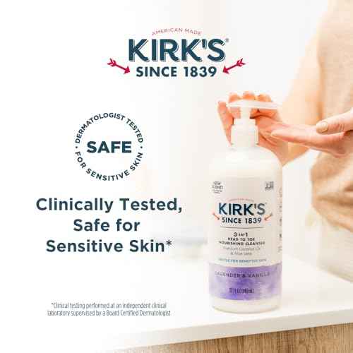 Kirk's 3-in-1 Head to Toe Nourishing Liquid Cleanser- for Men, Women & Children - Premium Coconut Oil & Aloe Vera- Non GMO & Vegan - Lavender and Vanilla - 32 Fl Oz.