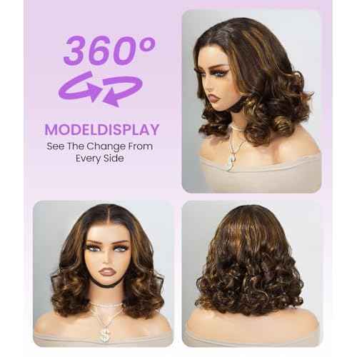 Highlight Lace Front Wig Human Hair Loose Wave 6X5 Glueless Wigs Human Hair Pre Plucked 180% Density Wear and Go Highlight Short Bob Wigs for Women Pre Everything 14inch