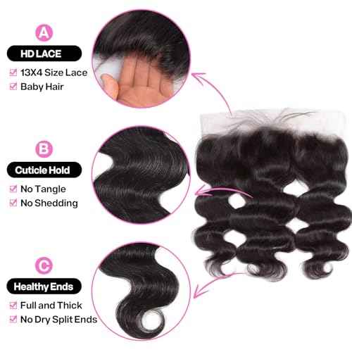 13x4 HD Lace Frontal Body Wave Human Hair 100% Unprocessed Brazilian Virgin Hair 150% Density Bleached Knots Free Part Natural Color Can Be Dyed & Curled 22 Inch