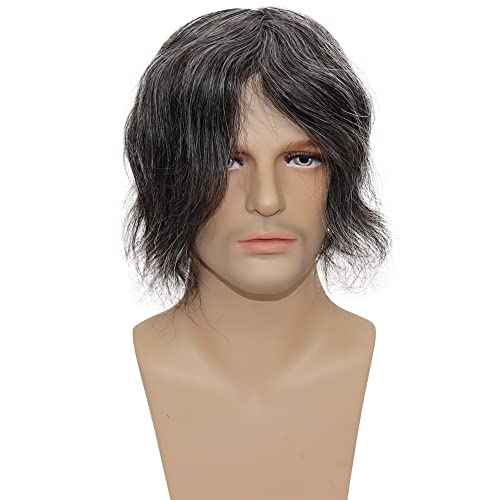 Mens Wigs Toupee for Men European Virgin Human Hair Weave Unit for Man Toupee Mono Lace Top Skin PU Men Hair Replacement System Mens Hairpiece (1B Mixed 30% Grey White Hair)