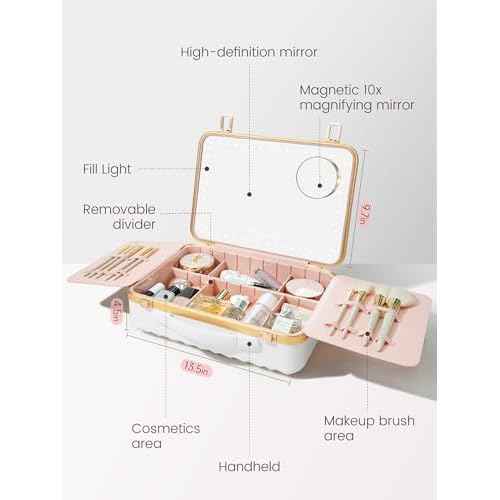 ROWNYEON Portable Travel Makeup Case With Light Up Mirror & Removable Divider - Train Case Organizer for Girls & Makeup Artist, Hairstylist - 10x Mirror (White)