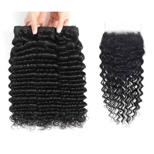 12A Human Hair Bundles with Closure-Deep Wave Bundles 16 18 20+14 Inch 5x5 HD Lace Closure Wet and Wavy Water Wave 100% Brazillan Virgin Deep Curly 3 Bundles Human Hair Quick Weave Bundles for Women