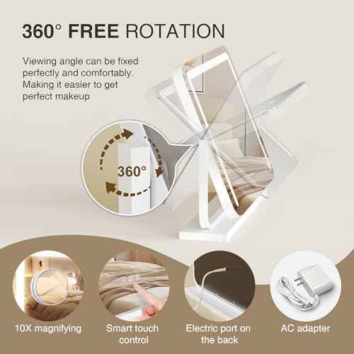 Vanity Mirror with Lights 21"¡¿15.7" LED Makeup Mirror,Dimmable Smart Touch Control Mirror with Lights for Bedroom Tabletop,10X Magnifier &360¡Æ Rotation,Vanity Mirror Square White,Ideal Gifts for Her