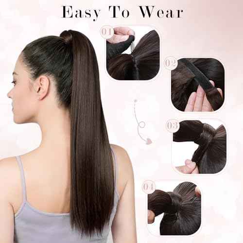 Ponytail Extensions Human Hair Long Straight Ponytail Hair Extensions with Magic Paste Wrap Around Clip in Ponytail Extensions Real Human Hair,22inch #1B Jet Black,95g