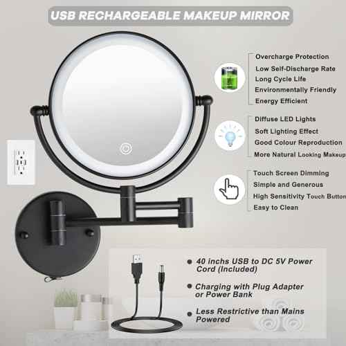 Wall Mounted Makeup Mirror with Lights and 10X Magnification, 8" Rechargeable Double Sided Touch Dimmable Foldable Extended Arm 360 Rotation for Bathroom, Matt Black