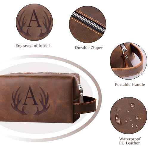 Mens Toiletry Bag Personalized Easter Fathers Day Birthday Gifts for Men Him Initial PU Leather Waterproof Shaving Bag for Toiletries Accessories Travel Essential for Dad Husband Boyfriend (M)