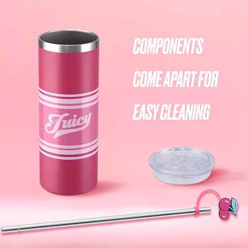 Juicy Couture Glam Slip 24oz Stainless Steel Hydration Tumbler with Straw Topper, Hot Pink Varsity
