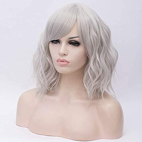 PLUSKER 40cm/15.7inch Women Short Curly Silver Gray Cosplay Wig with Side-Parted Bangs Lolita Style Hair Synthetic Heat Resistant Party Costume Wigs