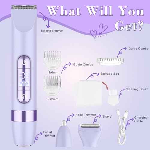 Hatteker 4-in-1 Women's Electric Razor, Dual-Head Body Hair Trimmer for Women, IPX7 Waterproof Rechargeable Bikini Trimmer & Facial Hair Remover for Legs, Armpits, Face, Nose, Eyebrows, Purple