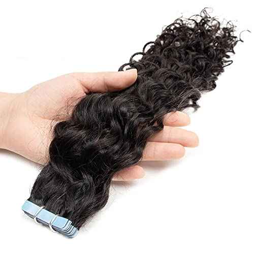 Water Wave Tape in Hair Extensions 24Inch Curly PU Tape in Human Hair Extensions Invisiable Curly Tapes on Extension Skin Weft 20pcs 50g Real Hairs Seamless Skin Weft Tapes Hairs Extension