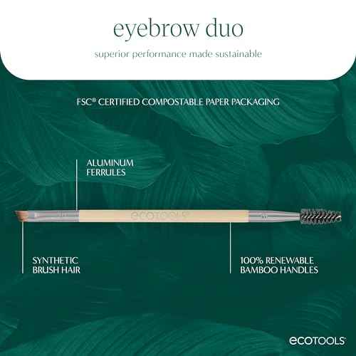 EcoTools Eyebrow Brush Duo, Tame, Sculpt & Fill in Brows, Multipurpose For Eyebrow Gel, Powder, & Cream, Dual-Ended Spoolie & Angled Brow Brush, Eco Friendly, Cruelty-Free, & Vegan, 1 Count