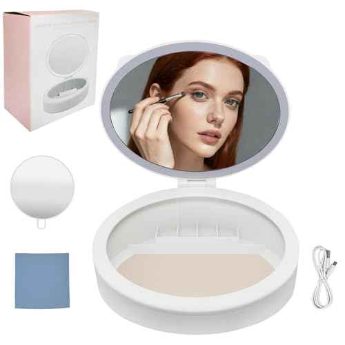 Makeup Mirror with Light, 4K high-Definition Touch Screen Travel Vanity Mirror with 3 Types of Lights, USB Charging, Detachable 3-inch 10x Magnifying Glass (White)