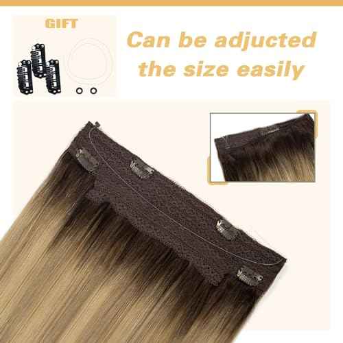 Anrosa Human Hair Extensions with Fish Line Invisible 18Inch 95g Remy Real Hair Extensions Wire Human Hair Balayage Dark Brown to Golden Blonde Wire Hair Extensions Human Hair Adjustable