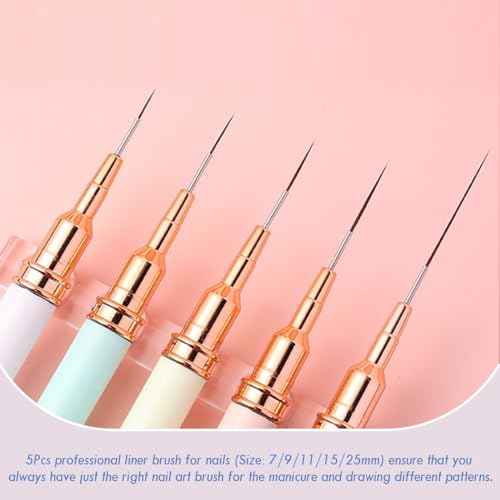 JASSINS Nail Art Liner Brushes, 5Pcs Gel Polish Painting Art Design Pen Set Striping Brushes for Thin Long Lines, Tiny Details, Fine Drawing, Delicate Coloring Sizes 7/9/11/15/25mm