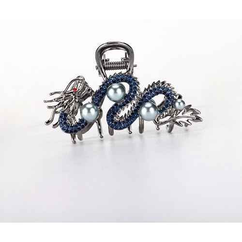 Fashionable Dragon Metal Claw Clips for Women Blue Rhinestone & Pearls Silver Alloy Halloween Decorative Clips Hair Accessories Birthday New Year Gifts