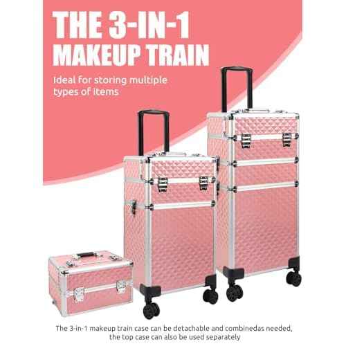 EBANKU Rolling Makeup Train Case Large Capacity Cosmetic Trolley, 3 in 1 Aluminum Professional Salon Travel Case with Key Swivel Wheels Traveling Cart Trunk for Hairstylists Nail Tech - Pink