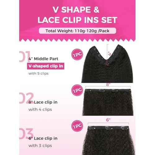 Lashey V Shape Invisible Clip in & Lace Clip in Hair Extensions Human Hair, 18 Inch 120g Set (1 V-Shaped + 2pcs Lace Clip ins), Natural Black Kinky Straight No Leave Out Hair Extension for Women