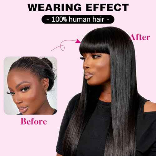 2x4 Lace Front Wigs With Bangs Human Hair 200% Lace Closure Wigs For Women Brazilian Virgin Hair Wear and Go Glueless Wig Natural Black Color(16 Inch)