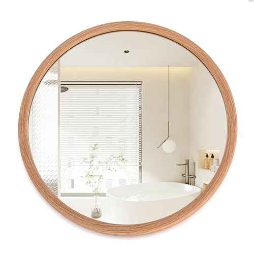 Round Wall Mirror 20/30 Inch Walnut/Oak Wood Grain Rustic Framed Vanity Wall Mounted Bathroom Brown Farmhouse Mirror for Living Room Mantel Entryway Bedroom Hallways (Oak, 30" L x 30" W)