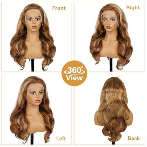 22 Inch Ombre Lace Front Wigs Human Hair 200% Density 13X4 Highlight Body Wave Lace Front Wig Human Hair Pre Plucked for Women Brown mixed Blonde HD Lace Frontal Wigs
