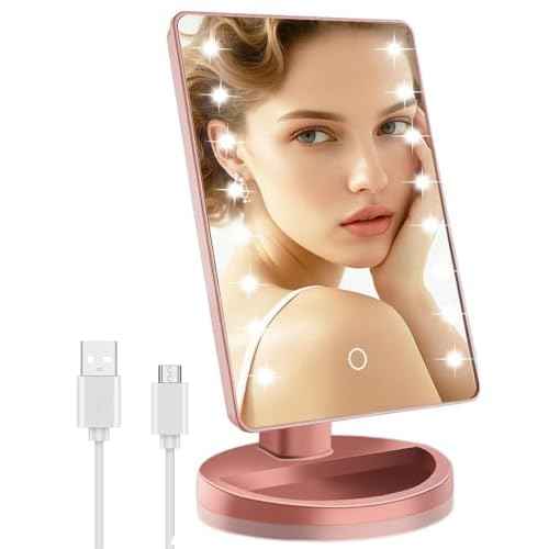 Christmas Lighted Makeup Mirror with Lights, Pink Vanity Mirror with Lights, 16 LEDS Dimmable Desk Mirror, Dual Power Supply, Present Gifts for Teenage Girls, Rose Gold Dorm Room Essentials