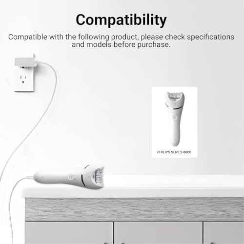 Charger Compatible with Philips Epilator Wet & Dry Series 8000 BRE700/04 BRE720/14 BRE740/14 Shaver and Trimmer for Women Replacement Power Adapter 15V Charging Cord Cable White