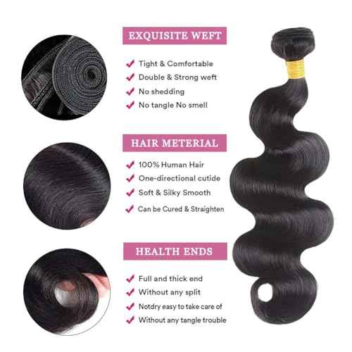 Body Wave Human Hair Bundles with Closure(18 20 22+2x6 16inch) 12A Brazilian Human Hair Body Wave Bundles with Closure Weave Hair Natural Color for Women