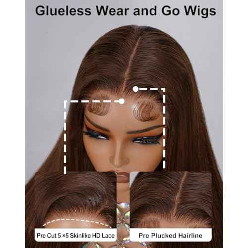 Wear and Go Glueless Wigs Human Hair Pre Cut 200% Density 5x5 HD Lace Closure Wigs Human Hair Pre Plucked with Baby Hair 12A Chocolate Brown Straight Lace Front Wig 4# 22 Inch